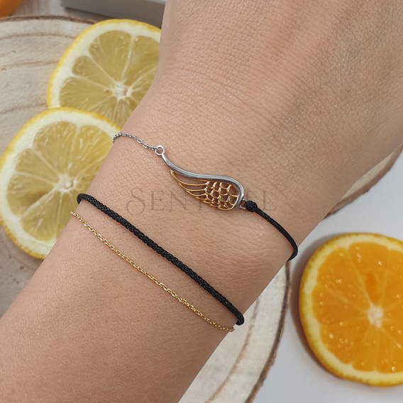 Silver (925) gold-plated bracelet with black cord - wing