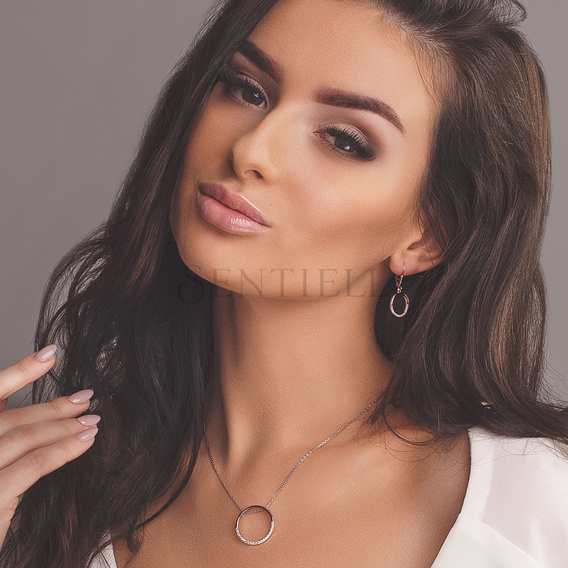 Silver (925) Earrings - cirlce with white zirconia, rose gold-plated