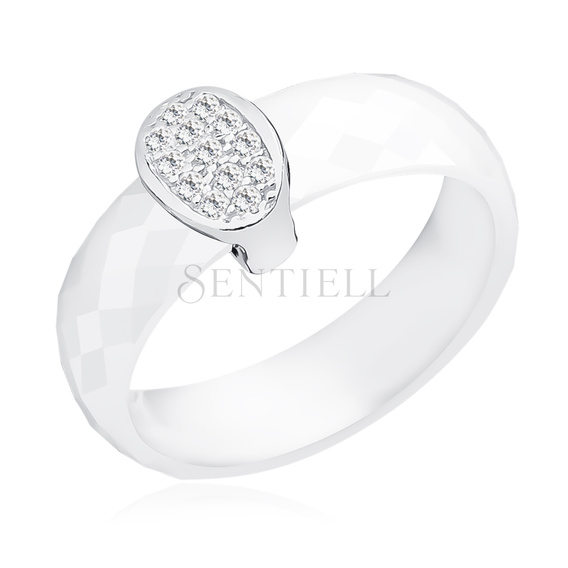Ceramic white ring, with silver (925) oval element with zirconia