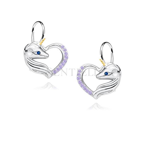 Silver (925) heart earrings - unicorn with violet zirconias and sapphire eye